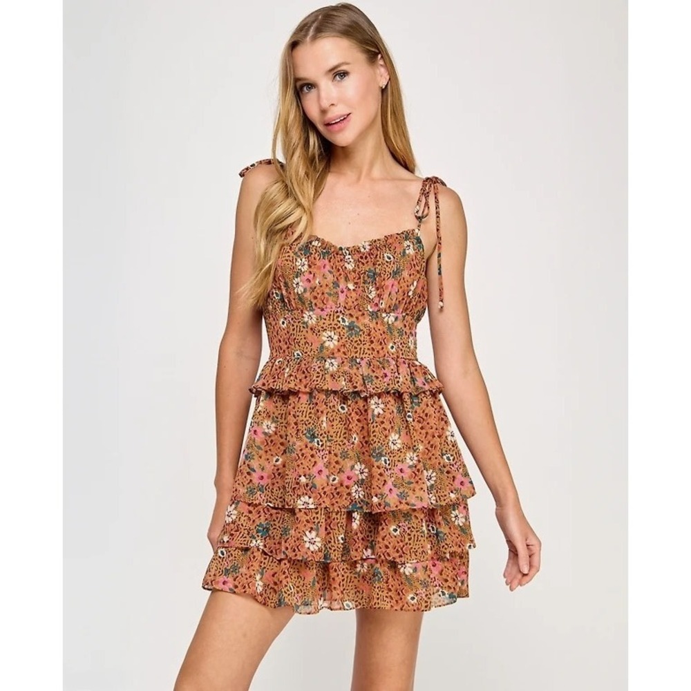 City Studio Tiered Mini Dress Womens Mustard Floral Leopard Tie Strap Large NWT